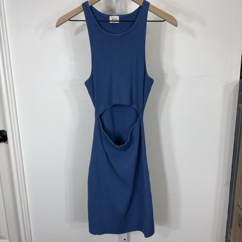 Aritzia Wilfred Free Cut-Out‎ Knit Tank Mini Dress Blue Fitted Large Bodycon - Picture 2 of 8